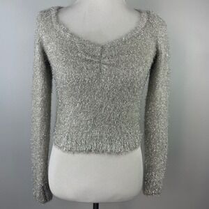 Chelsea & Violet Silver Metallic Eyelash Knit Cropped Sweater V7181W20 Womens XS